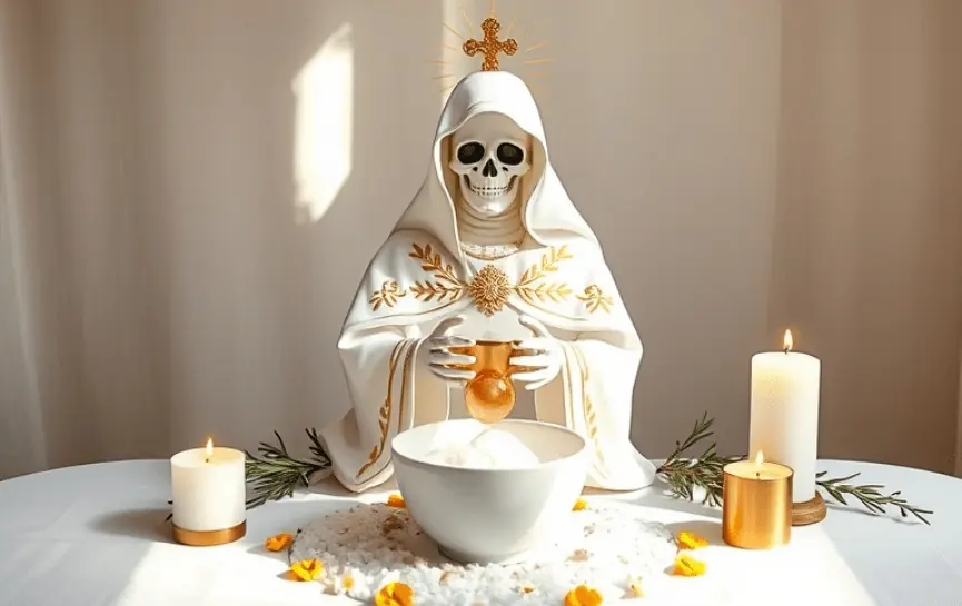 Oración a la Santa Muerte para la Salud de un Familiar:Estatua de la Santa Muerte con manto blanco bordado, elevando un cáliz dorado sobre un bol con pétalos y cristales blancos, acompañada de velas encendidas en un altar espiritual.