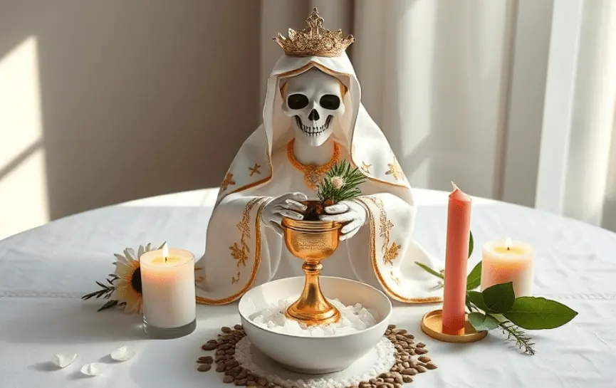 Oración a la Santa Muerte para la Salud de un Hijo: Estatua de la Santa Muerte en manto blanco con detalles dorados, sosteniendo un cáliz dorado adornado con hojas verdes y frutas pequeñas. El altar incluye un bol con sal, velas encendidas en tonos cálidos, una flor de girasol y detalles de semillas decorativas.