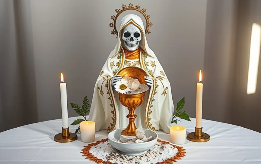 Oración a la Santa Muerte para la Salud: Estatua de la Santa Muerte con manto blanco decorado con flores doradas, sosteniendo un cáliz dorado lleno de pétalos y flores secas, en un altar con velas blancas y doradas iluminadas, rodeado de detalles naturales como hojas y flores.