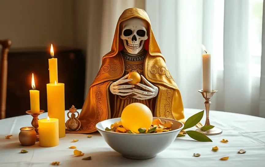 Oración a la Santa Muerte para la Suerte: Estatua de la Santa Muerte vestida con un manto dorado, sosteniendo una esfera amarilla sobre un bol lleno de pétalos amarillos, en un altar decorado con velas encendidas de color blanco y amarillo, pétalos y hojas verdes.