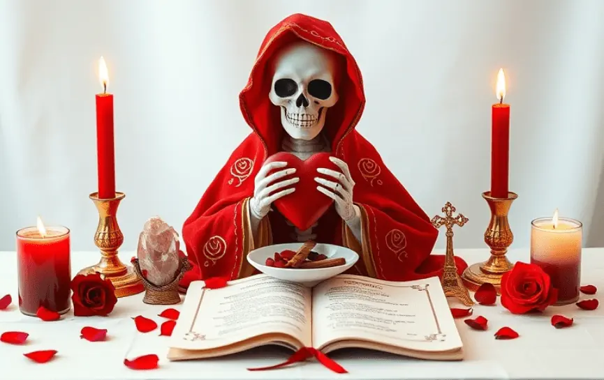 Oración a la Santa Muerte para que Me Busque Desesperadamente: Estatua de la Santa Muerte con manto rojo adornado con detalles dorados, sujetando un corazón frente a un libro abierto en un altar con velas encendidas, rosas rojas y una cruz decorativa.