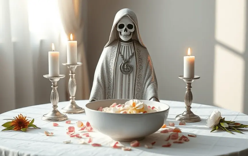 Oración a la Santa Muerte para que Me Busque Mi Ex: Figura de la Santa Muerte en manto gris con detalles plateados, sosteniendo un cráneo pequeño. Altar con velas blancas encendidas, un bol con pétalos de rosa y un fondo claro.