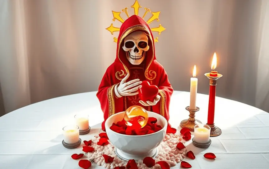 Oración a la Santa Muerte para que Me Llame: La Santa Muerte con un manto rojo y detalles dorados, sosteniendo un corazón. En la mesa, un tazón blanco con pétalos de rosas rojas y detalles de sal decorativa. Dos velas rojas y una blanca en candelabros dorados rodean la escena.