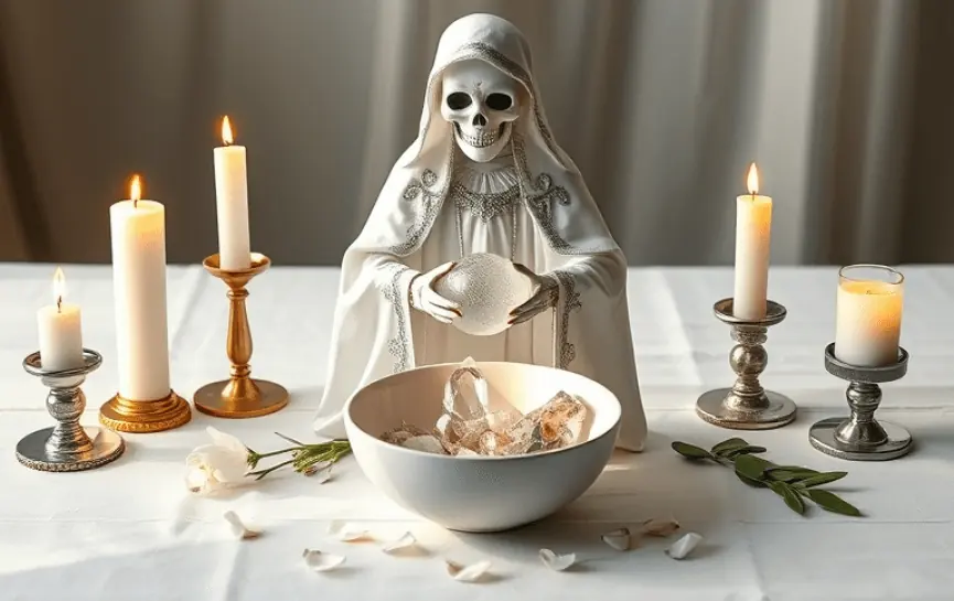 Oración a la Santa Muerte para que Me Pida Perdón: Figura de la Santa Muerte en manto blanco con detalles en plata, sosteniendo una esfera transparente sobre un bol con cristales de hielo, acompañada de velas en candelabros dorados y plateados, decorada con pétalos y hojas verdes.