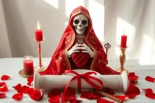 Oración a la Santa Muerte para que Regrese Mi Esposa en 5 Días: Estatua de la Santa Muerte con túnica roja, sosteniendo un corazón. El altar está adornado con velas rojas encendidas, pétalos de rosa y un pergamino enrollado con una cinta roja. También hay una llave dorada como elemento decorativo.