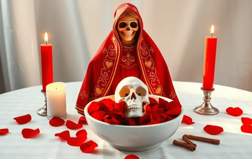 Oración a la Santa Muerte para que Regrese Mi Esposa: Figura de la Santa Muerte vestida con un manto rojo adornado con corazones dorados. En el altar hay un bol blanco con pétalos de rosa y una calavera en su interior. Velas rojas encendidas y ramas de canela decoran la escena.