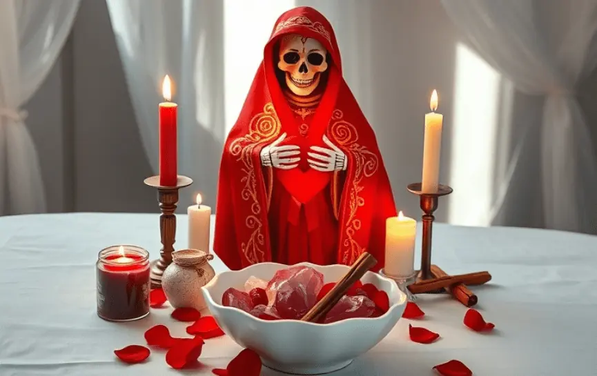 Oración a la Santa Muerte para que Regrese el Ser Amado: Estatua de la Santa Muerte con túnica roja decorada con patrones dorados. Altar con velas rojas y blancas, un recipiente con piedras rojas, pétalos de rosa esparcidos y ramas de canela, representando un ritual de amor y reconciliación.