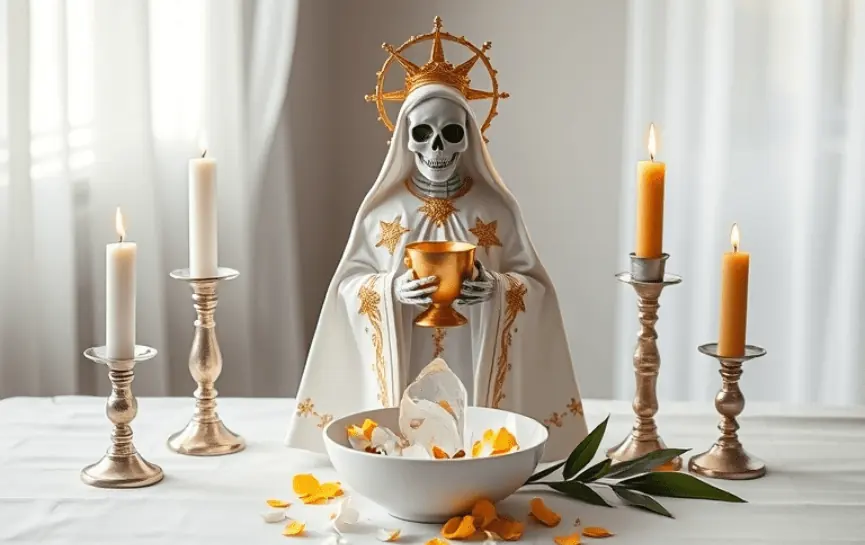 Oración a la Santa Muerte para que Todo Salga Bien: Figura de la Santa Muerte en manto blanco con adornos dorados, sosteniendo un cáliz dorado. El altar incluye velas encendidas, un bol con pétalos amarillos y hojas verdes, y detalles naturales que crean un ambiente solemne.