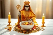 Oración a la Santísima Muerte para el Dinero: Figura de la Santa Muerte Dorada coronada, sosteniendo un cáliz dorado, rodeada de monedas, frutas y velas amarillas encendidas, decorando un altar blanco elegante con laureles verdes.