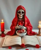 Oración a la Santísima Muerte para que Me Busque Desesperadamente: Figura de la Santa Muerte con manto rojo, sosteniendo un corazón en sus manos, colocada frente a un libro abierto sobre un altar decorado con pétalos de rosa roja, velas encendidas y detalles dorados.