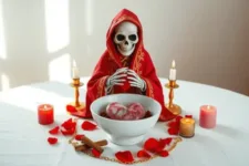 Oración de Amarre a la Santísima Muerte Estatua de la Santa Muerte con manto rojo, rodeada de pétalos rojos y velas encendidas. Un bol blanco contiene un corazón de hielo decorado, acompañado de canela y cadenas doradas en un altar sencillo.