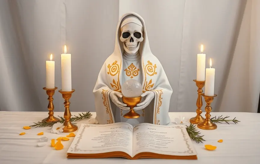 Oración de Petición a la Santa Muerte: Figura de la Santa Muerte en un manto blanco con detalles dorados, sosteniendo una esfera de cristal en un cáliz dorado. Rodeada de velas blancas y doradas, un libro abierto y pétalos decorativos sobre un altar blanco.