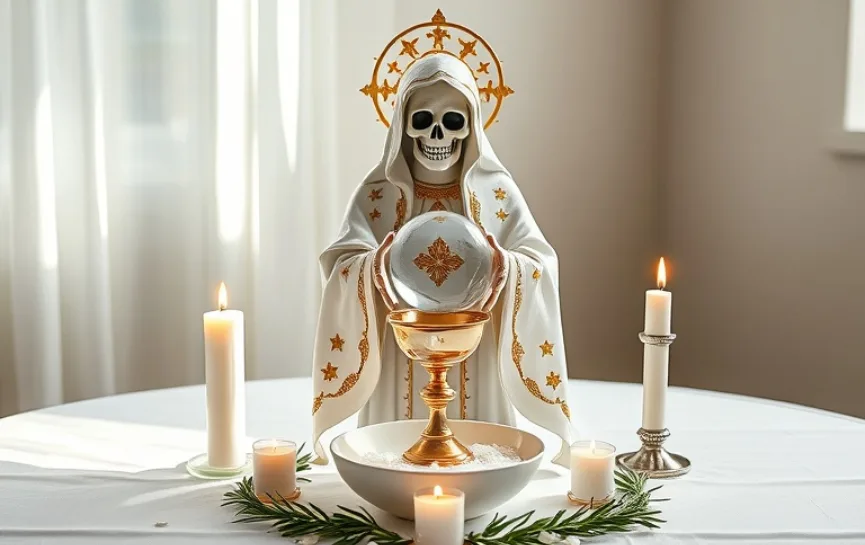 Oración de la Santa Muerte para Curar una Enfermedad: Estatua de la Santa Muerte con manto blanco y adornos dorados, sujetando un cáliz dorado con una esfera decorativa. Altar decorado con cristales blancos, ramas verdes y velas encendidas en tonos cálidos. Ambiente sereno y minimalista.