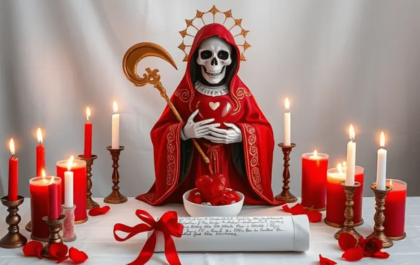 Oración del Desespero y Manso Cordero a la Santa Muerte: Estatua de la Santa Muerte vestida de rojo, con un corazón en las manos. Altar con velas, pétalos, un pergamino enrollado atado con cinta roja y un recipiente decorativo.