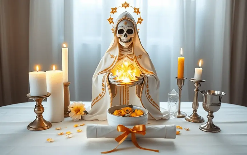 Oración para Darle la Bienvenida a la Santa Muerte: Estatua de la Santa Muerte con un manto blanco y dorado, sosteniendo una luz dorada radiante en sus manos. Altar con velas encendidas, un cáliz, flores doradas y un pergamino atado con una cinta dorada.