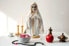 Pasos Para Ser Devoto De La Santa Muerte: Figura de la Santa Muerte en manto blanco con detalles dorados, sobre un altar blanco con velas encendidas, un rosario negro, un bol de pétalos rosados, una manzana roja y un recipiente de incienso emitiendo humo.