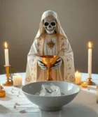 Propósitos de la Novena a la Santa Muerte Blanca: Figura de la Santa Muerte con manto blanco decorado con detalles dorados, sosteniendo un cáliz dorado sobre un altar con velas encendidas, un bol con cristales blancos y decoración de ramas verdes.