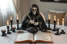 Propósitos de la Novena de Fuego a la Santísima Muerte Negra: Estatua de la Santa Muerte con manto negro y detalles plateados, sosteniendo un báculo en un altar decorado con velas negras y blancas encendidas, un bol con minerales y hojas secas. Frente a ella, un libro abierto con textos espirituales.