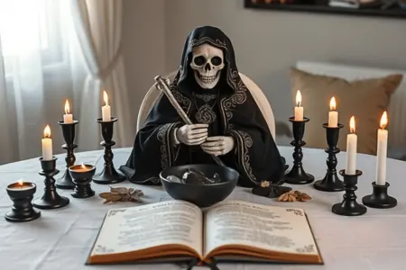 Novena de Fuego a la Santísima Muerte Negra 9 Propósitos de la Novena de Fuego a la Santísima Muerte Negra: Estatua de la Santa Muerte con manto negro y detalles plateados, sosteniendo un báculo en un altar decorado con velas negras y blancas encendidas, un bol con minerales y hojas secas. Frente a ella, un libro abierto con textos espirituales.