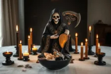 Propósitos de la Novena de la Santa Muerte Negra: Figura de la Santa Muerte Negra sosteniendo una guadaña y un escudo dorado, rodeada de velas encendidas en tonos oscuros y un bol negro con ofrendas, colocada en un altar blanco decorado con piedras y ramas de olivo.