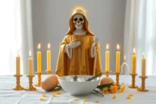 Propósitos de la Novena de la Santa Muerte para Abrir Caminos: Figura dorada de la Santa Muerte con bastón en mano, rodeada de velas encendidas en tonos dorados y cálidos, sobre un altar con libro abierto, hojas verdes y pétalos amarillos decorativos.