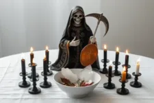 Propósitos de la Novena de la Santa Muerte para Casos Difíciles: Figura de la Santa Muerte con manto negro decorado con bordados plateados, sosteniendo una guadaña y un escudo dorado, acompañada de velas negras y blancas encendidas en un altar blanco decorado con pétalos y un bol con elementos simbólicos.