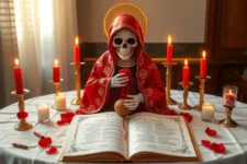 Propósitos de la Novena de la Santa Muerte para Dominar: Figura de la Santa Muerte con manto rojo, sosteniendo un objeto en forma de esfera dorada. Altar decorado con un libro abierto, pétalos rojos, velas encendidas en tonos rojos y blancos, creando un ambiente místico.