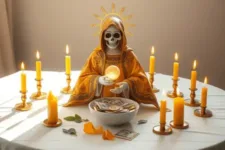 Propósitos de la Novena de la Santa Muerte para Obtener Dinero: Figura de la Santa Muerte en manto dorado con detalles brillantes, sosteniendo un orbe dorado. Altar decorado con un bol lleno de monedas y billetes, rodeado de velas amarillas encendidas.