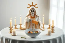 Propósitos de la Novena de la Santa Muerte para Pedir un Gran Favor: Figura de la Santa Muerte en un altar blanco, vestida con un manto blanco con detalles dorados, sosteniendo un pergamino dorado. El altar está decorado con velas blancas encendidas, un bol con elementos simbólicos y detalles florales.