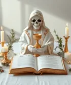 Propósitos de la Novena de la Santa Muerte para la Salud: Figura de la Santa Muerte vestida con un manto blanco y detalles dorados, sosteniendo un cáliz dorado, colocada en un altar decorado con un libro abierto, velas encendidas y detalles de hojas naturales.