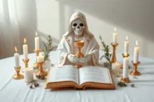 Propósitos de la Novena de la Santa Muerte para la Salud: Figura de la Santa Muerte vestida con un manto blanco y detalles dorados, sosteniendo un cáliz dorado, colocada en un altar decorado con un libro abierto, velas encendidas y detalles de hojas naturales.