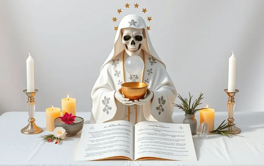 La Santa Muerte más Poderosa: Figura de la Santa Muerte con manto blanco decorado con estrellas plateadas, sosteniendo un cáliz dorado y una esfera brillante. El altar está decorado con velas encendidas, un libro abierto, flores frescas y ramas de romero.