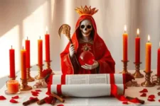 novena de fuego Santa Muerte: Figura de la Santa Muerte en manto rojo decorado, sosteniendo un orbe rojo, acompañada de velas rojas y anaranjadas encendidas. El altar incluye un pergamino blanco con lazos rojos, pétalos y elementos rituales.