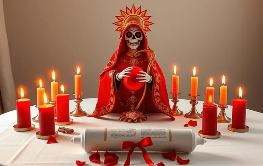 novena de fuego a la Santa Muerte: Estatua de la Santa Muerte vestida con manto rojo bordado, con un orbe rojo brillante, rodeada de velas encendidas en tonos cálidos. En el altar, un pergamino enrollado decorado con lazos rojos y pétalos dispersos.