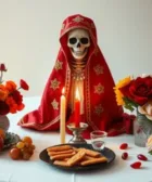 Ofrenda para la Santa Muerte.png: Figura de la Santa Muerte con manto rojo en un altar con manzanas, uvas, rosas de colores en jarrones, velas encendidas, una bandeja con pan y un vaso de agua como ofrenda.