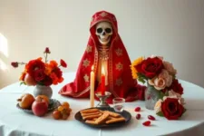 Ofrenda para la Santa Muerte.png: Figura de la Santa Muerte con manto rojo en un altar con manzanas, uvas, rosas de colores en jarrones, velas encendidas, una bandeja con pan y un vaso de agua como ofrenda.