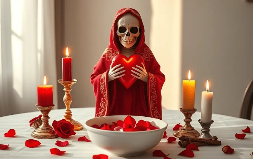 Cuál es la Santa Muerte del Amor: Figura de la Santa Muerte con manto rojo sosteniendo un corazón iluminado. El altar está decorado con velas encendidas, pétalos de rosa rojos y un bol blanco lleno de pétalos.