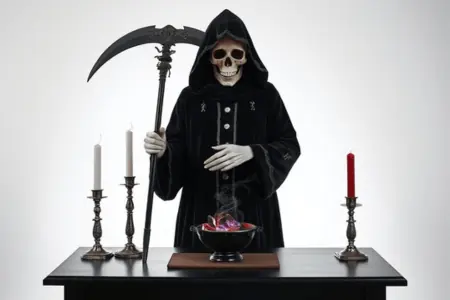 ¿Qué Significa Soñar con la Santa Muerte Negra? 3 El Significado de la Santa Muerte Vestida de Negro: Figura de la Santa Muerte con túnica negra y detalles plateados, sosteniendo una guadaña. Altar con velas blancas y negras encendidas, un cuenco con cristales y humo de incienso elevándose.