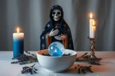 Oración Poderosa a la Santa Muerte de Noche: Estatua de la Santa Muerte en túnica azul con detalles de estrellas, rodeada de velas encendidas en tonos azules y blancos. Un bol con una esfera azul brillante y lavanda complementa el altar espiritual.