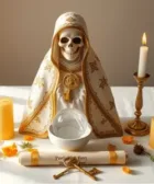 Oración Poderosa a la Santa Muerte para Abrir Caminos: Estatua de la Santa Muerte vestida de blanco con detalles dorados, sosteniendo una llave dorada. Altar con velas amarillas y blancas encendidas, un cuenco, un pergamino atado con cinta dorada y decoraciones de girasoles y hojas verdes.