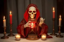Oración Poderosa a la Santa Muerte para Amansar: Figura de la Santa Muerte vestida con un manto rojo bordado con detalles dorados, sosteniendo un corazón rojo en sus manos. Altar con velas encendidas, una base decorada y una luz tenue que resalta su mirada intensa.