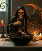 Oración Poderosa a la Santa Muerte para Derrotar Enemigos: Figura de la Santa Muerte en túnica negra con detalles dorados, sosteniendo una guadaña y un escudo. Altar con velas encendidas, un bol con elementos rituales y ramas secas, rodeado de un ambiente oscuro.