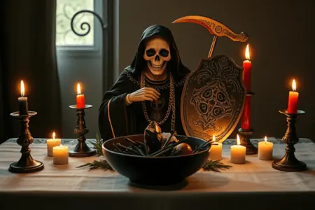 Oración a la Santa Muerte para Derrotar Enemigos 2 Oración Poderosa a la Santa Muerte para Derrotar Enemigos: Figura de la Santa Muerte en túnica negra con detalles dorados, sosteniendo una guadaña y un escudo. Altar con velas encendidas, un bol con elementos rituales y ramas secas, rodeado de un ambiente oscuro.