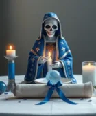 Oración Poderosa a la Santa Muerte para Dormir Tranquilo: Estatua de la Santa Muerte vestida de azul con estrellas doradas, sosteniendo una vela encendida. Altar con velas azules y blancas, un bol con una esfera azul y un pergamino enrollado atado con cinta azul.