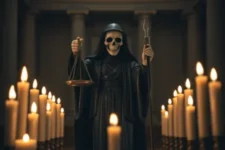 Oración Poderosa a la Santa Muerte para Ganar un Juicio: Estatua de la Santa Muerte vestida de negro, sosteniendo una balanza y una espada. Rodeada de velas encendidas, con columnas clásicas en el fondo, creando una atmósfera solemne de justicia.