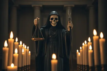 Oración a la Santa Muerte para Ganar un Juicio 1 Oración Poderosa a la Santa Muerte para Ganar un Juicio: Estatua de la Santa Muerte vestida de negro, sosteniendo una balanza y una espada. Rodeada de velas encendidas, con columnas clásicas en el fondo, creando una atmósfera solemne de justicia.