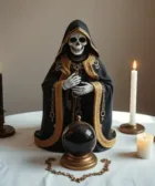 Oración Poderosa de la Santa Muerte para Alejar a la Amante: Estatua de la Santa Muerte vestida con manto negro decorado con bordados dorados, sosteniendo una esfera negra. Altar con velas encendidas de colores negro, blanco y rojo, una cadena dorada y un cáliz negro.