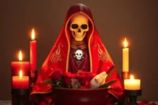 Oración Poderosa de la Santa Muerte para el Día Viernes: Estatua de la Santa Muerte vestida con un manto rojo adornado con detalles dorados, con una calavera sonriente y ojos oscuros. Frente a ella, un bol rojo con rosas, cuarzos y pétalos. Altar iluminado con velas rojas y blancas, creando un ambiente místico.