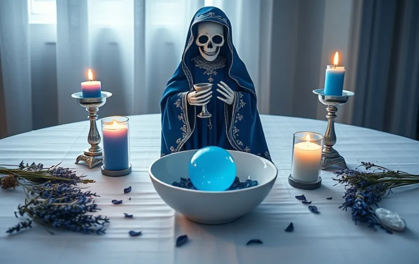 Oración a la Santa Muerte Antes de Dormir: Figura de la Santa Muerte con manto azul decorado con detalles plateados, sosteniendo una copa de plata. Altar con velas azules y blancas encendidas, un bol con una esfera azul, ramas de lavanda y pétalos esparcidos.