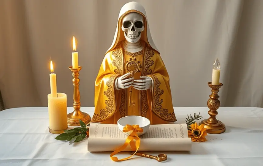 Oración a la Santa Muerte para Abrir Caminos: Figura de la Santa Muerte con manto dorado y blanco, sosteniendo una gran llave dorada. Altar adornado con velas blancas y doradas, un cuenco pequeño, un pergamino enrollado con un lazo amarillo y decoraciones florales.